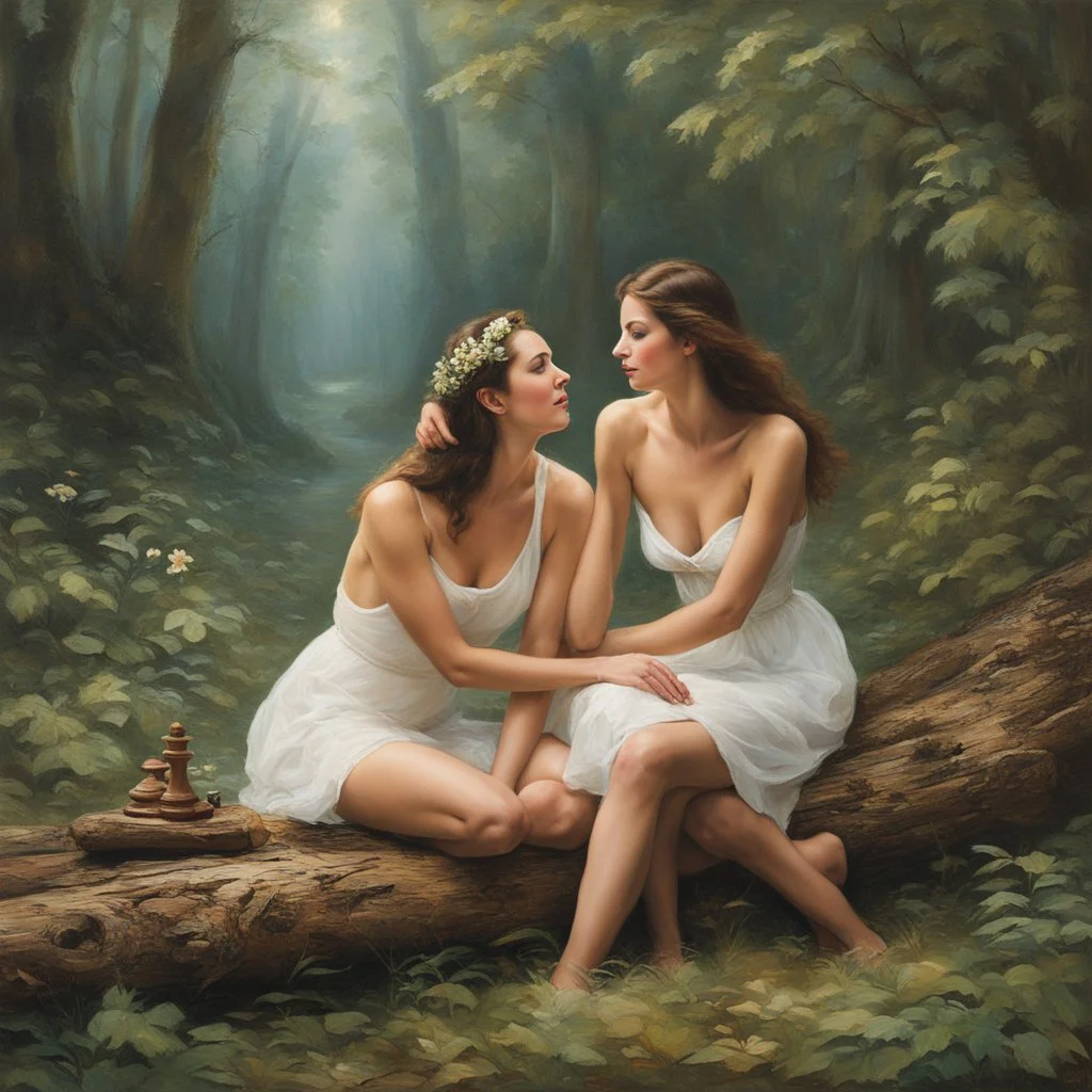 In the serene embrace of nature, Adam and Eve find themselves immersed in the beauty of their surroundings. Eve, her eyes sparkling with curiosity and a playful smile on her lips, suggests a delightful way to pass the time. They settle upon a fallen log, its aged surface providing a rustic charm for their impromptu game of chess. As they engage in their strategic dance, the connection between them grows deeper, their bond strengthened by the shared experience. Their intimacy is expressed through