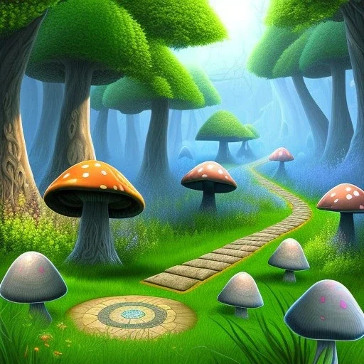 A great big mushroom forest with a stone path going through it.