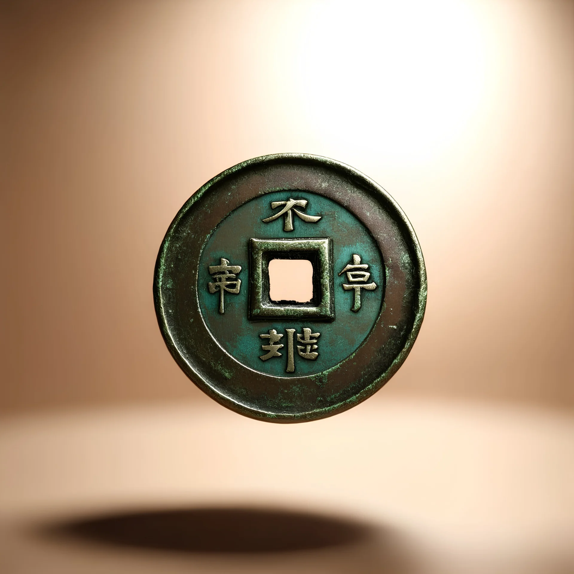 Ancient chinese cash coin, FLOATING, OBLIQUE ANGLE of view, spinning in air, round with a square hole in the center, made of aged bronze, radially symmetric raised geometric patterns, slightly worn and weathered surface, realistic depiction, soft lighting highlighting the coin's details.