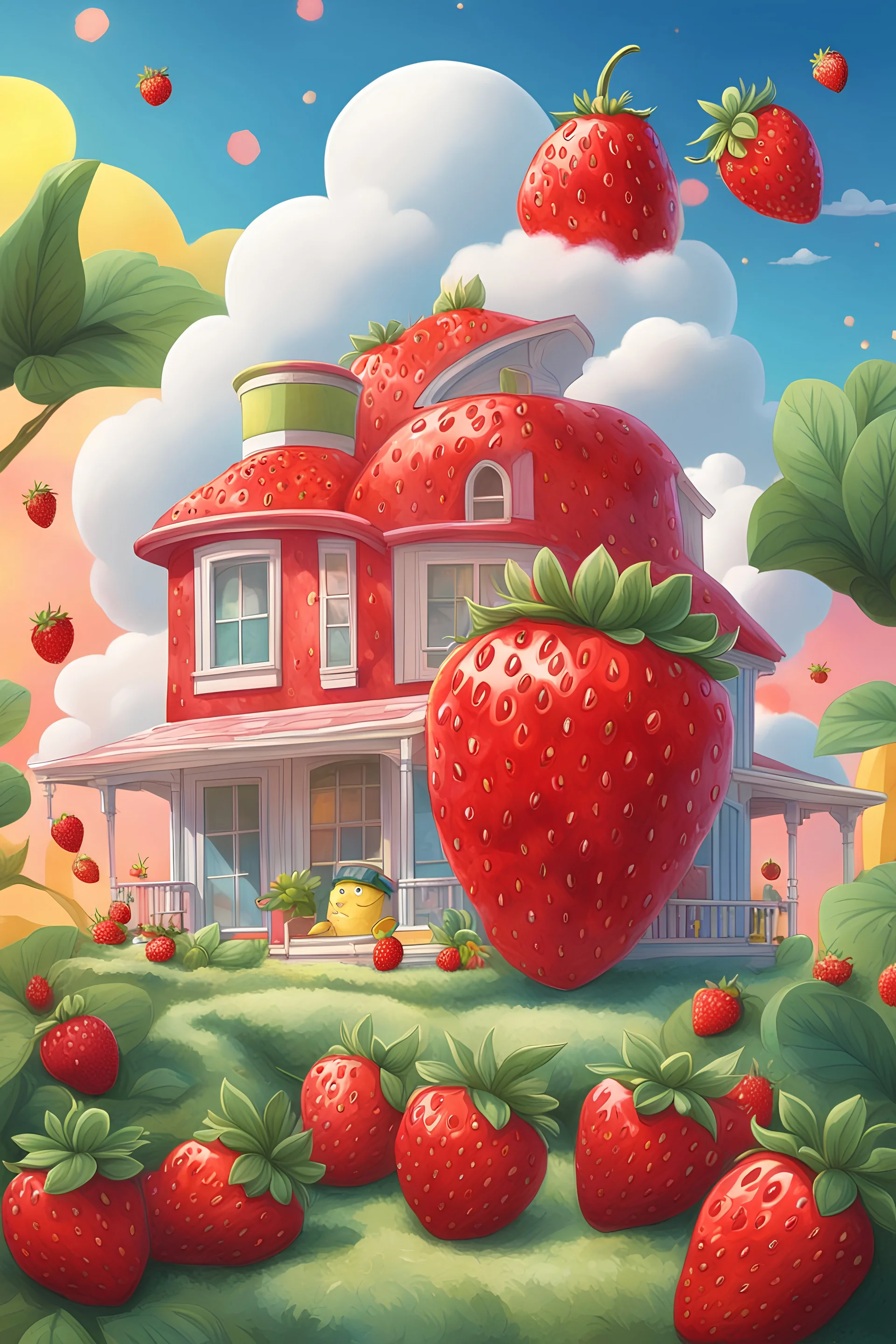 An advertisement poster for a cartoon character, a strawberry, a lemon, a cloud, and a dazzling background of a strawberry-shaped house Without coloring