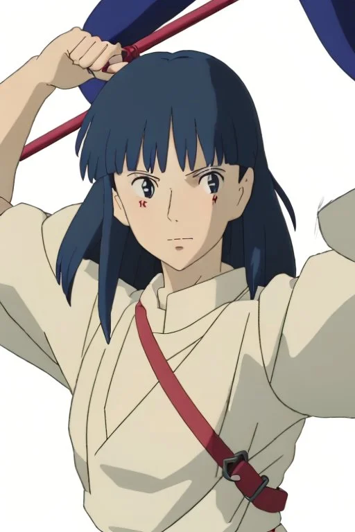 Yui: A full body image of Yui standing confidently in her rugged clothing, hands on her hips. Her athletic build, dark hair streaked with blue, and vibrant green eyes are clearly visible. Her look of determination reflects her adventurous spirit. A full-body depiction of Yui revealing her in sturdy work attire: a patched, sleeveless top with a utility belt, khaki cargo pants, worn boots. Her protective gloves and respirator mask hang at her side.