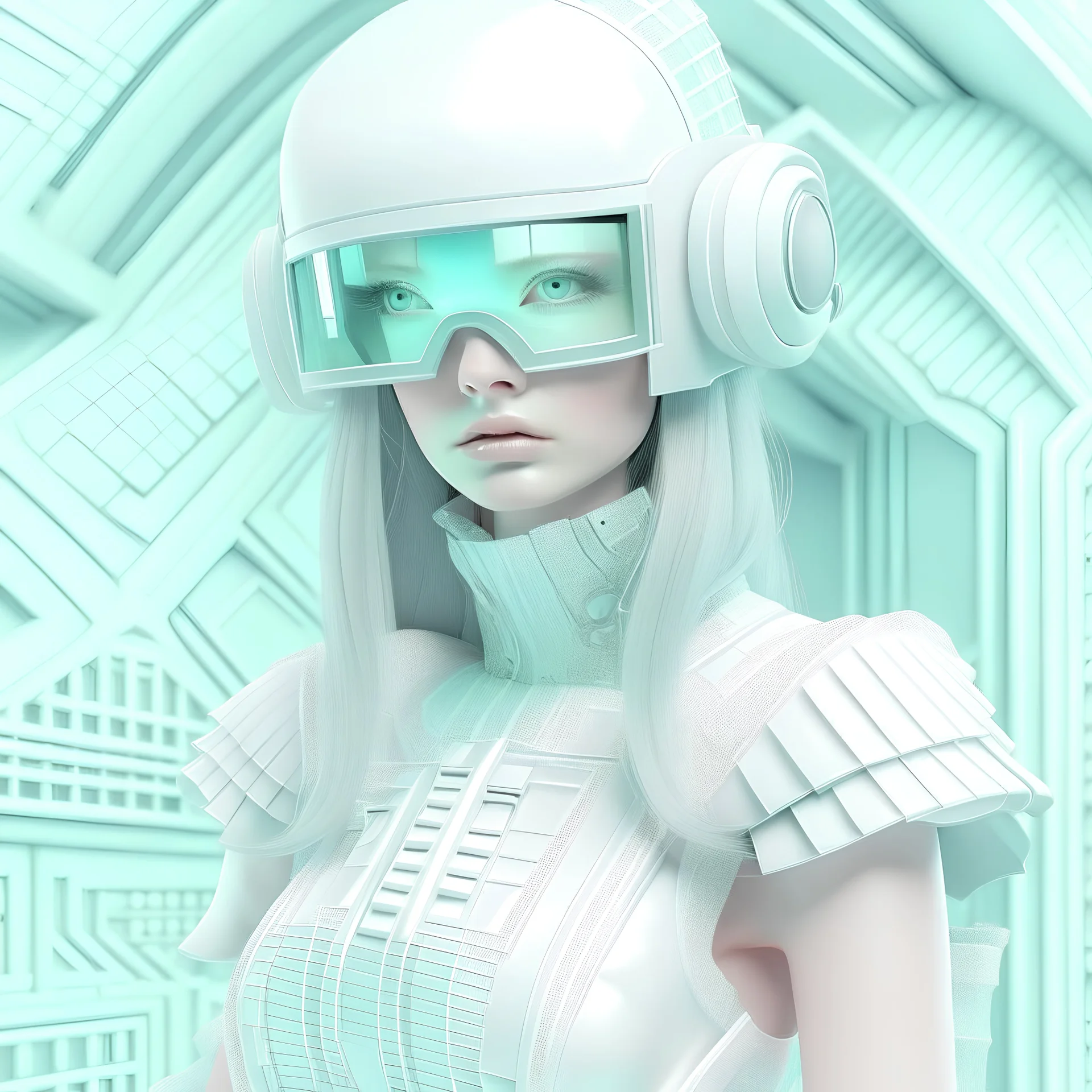 monalisa haute couture, white, intricate details, pastel colors, futuristic outfit, gorgeous, weird, serious with VR Glasses