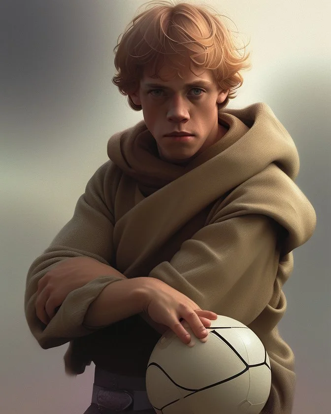 Portrait of young Luke Skywalker holding a football by Alex Ross, Disney, CGSociety, Carne Griffiths, Leonardo DaVinci, James Christensen character design, digital illustration, detailed sky background, Norman Rockwell, 8k resolution, Lou Xaz, cinema 4d