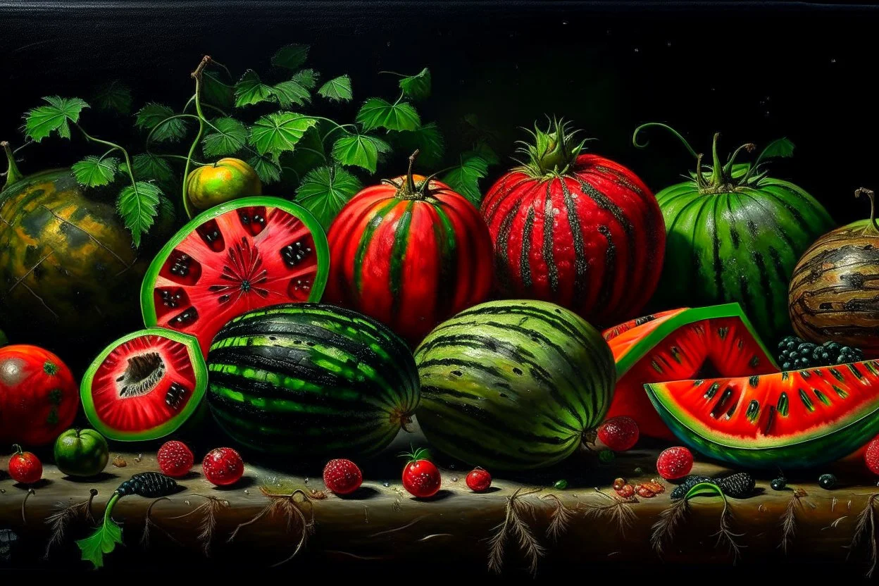 Still life oil painting depicting multiple vibrant watermelons against a dark toned background from a distance. Ripe and juicy, sliced open in several patterns, rich red interior visible, seeds visible, glossy texture, fresh green stems, contrasting bright colors, tropical fruit setting, artistic interpretation, detailed realism, bright colorful palette and paint texture, natural light, high resolution, Showcase texture and detail, by botanical painter. Blurred outlines.Looks delicious. Modifier