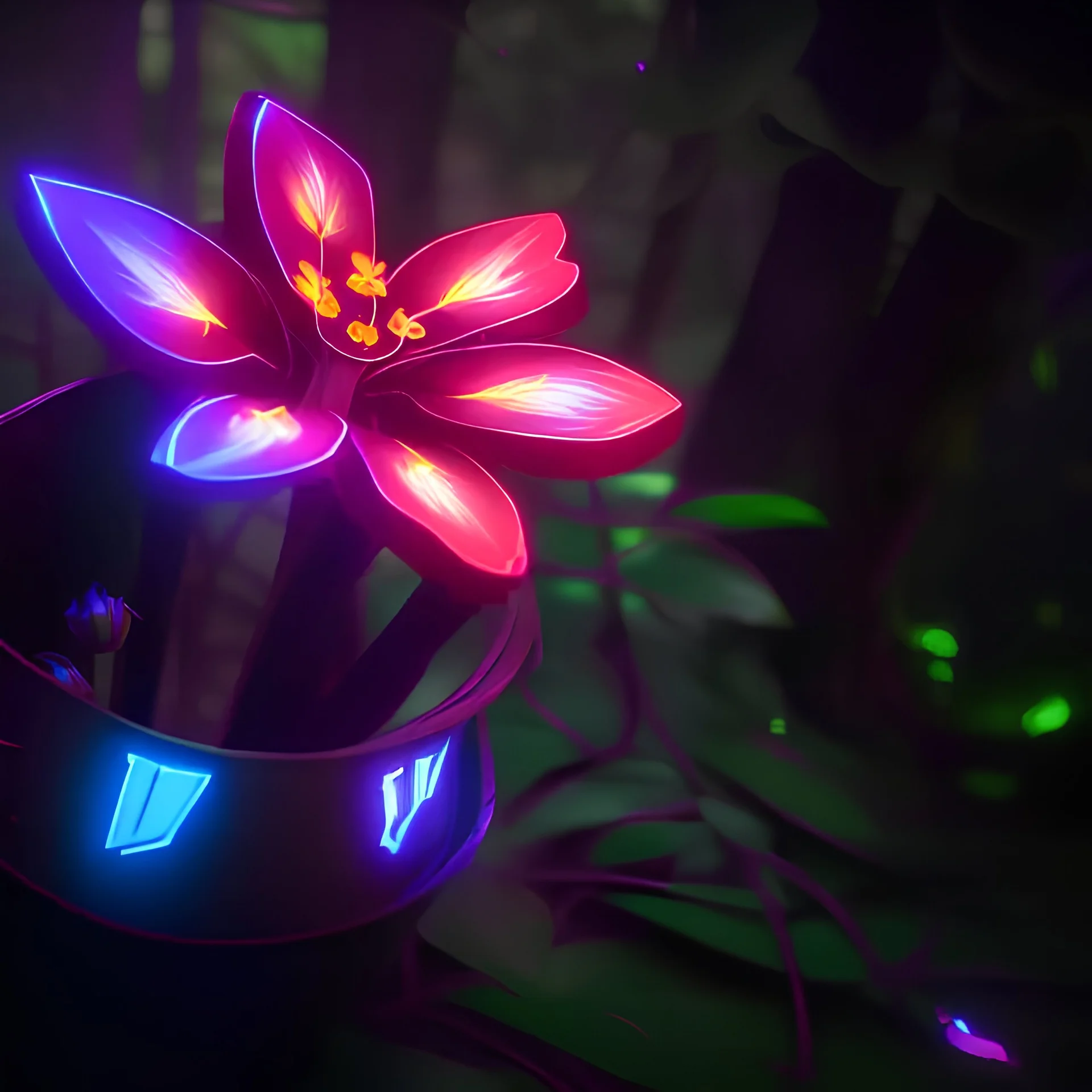 Futurist flowers in a black pot, flashy colors, in a forest background, 8k,unreal engine, very detailed, cinema 4D, perfect angle