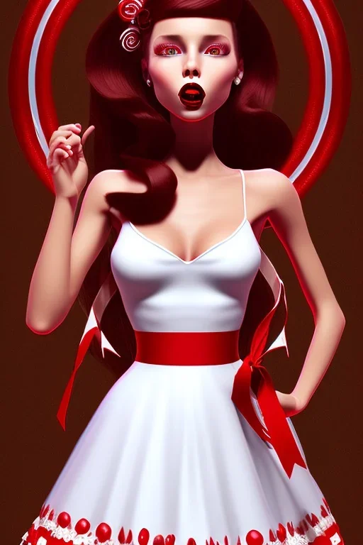 Maria, West Side Story, brown skin, bright red lipstick, long dark brown hair, white flowy dress with a red ribbon around the waist, singing, straightened hair, White Heels