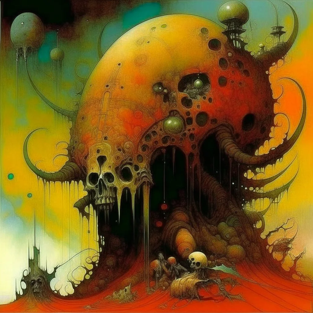 Strychnine Lovecraftian biomechanism, abstract surrealism, by Dave McKean and Zdzislaw Beksinski and Kay Neilsen, mind-bending watercolor and ink illustration; warm colors, off-centered fragmented composition, dark shines war, acid burn colors