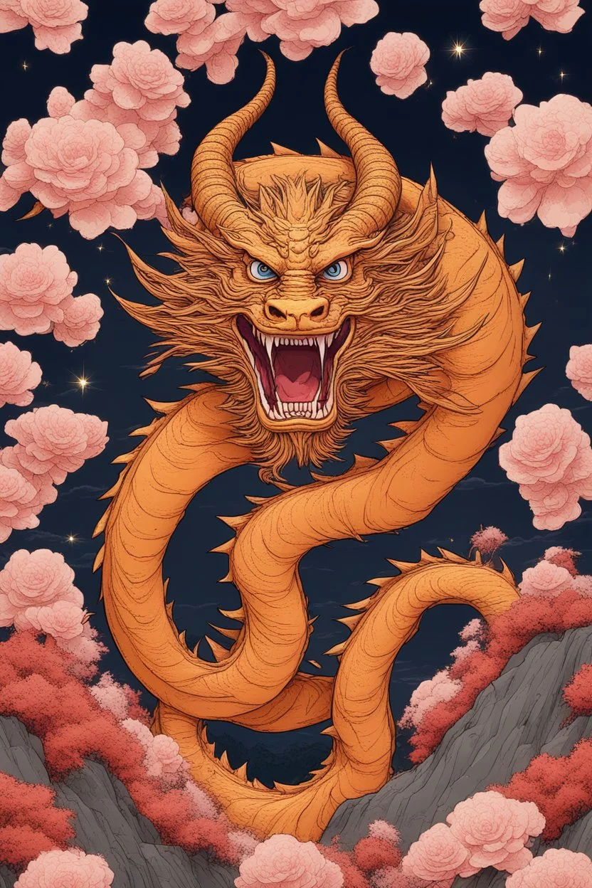 huge bitcoin stands there, a dragon around Bitcoin, Eastern people are smiling, moutains are far away, it is happy new year, we can see flowers are in full bloom