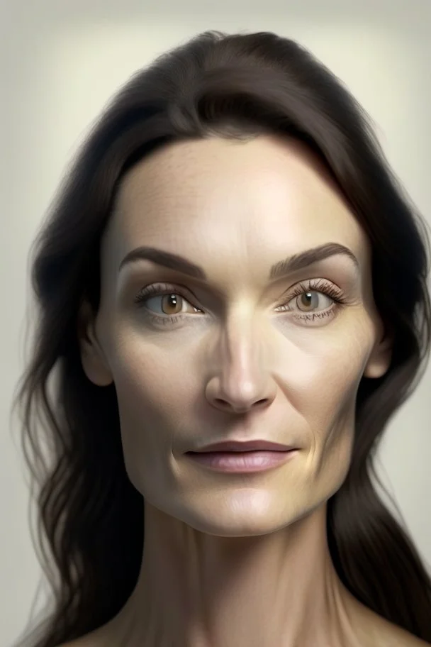 realistic, (39yr old female)without makeup, Caucasian beautiful face, angled head position, dark hair, studio lighting, cinematic light, beautiful woman, milk beige middle hair, perfect anatomy, on white background, 8k Resolution, highly detailed, non-symmetrical body a, detailed hairstyles and skin texture