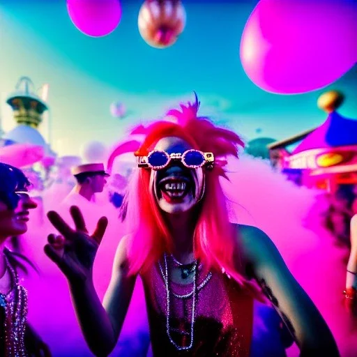 Ultra Realistic photo, medium shot view, drunken dancer women, carnival scene, steampunk. Pink hair, confeti, Sunglasses, smoking, happy, festival, red fog. highly detailed, concept art, unreal engine 5, ray tracing, RTX, lumen lighting, ultra detail, volumetric lighting, 3d, finely drawn, high definition, high resolution.