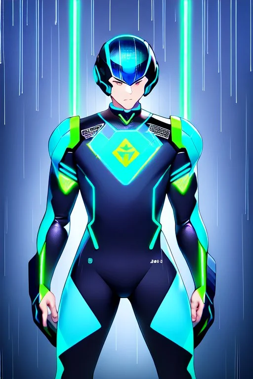 cyberpunk, neon blue, high technology, geometric figures, orbiting figures, cyberpunk suit, black and blue, epic, rain, neon blue suit, geometric figures orbiting around suit, exosuit, male