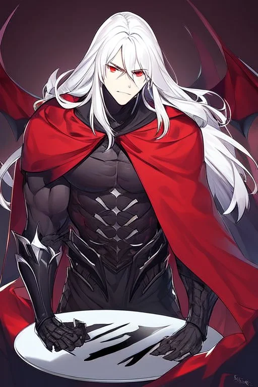 Vampire knight, muscular young man with long white hair, wearing black gothic full plate armor with red cape, cyan eyes