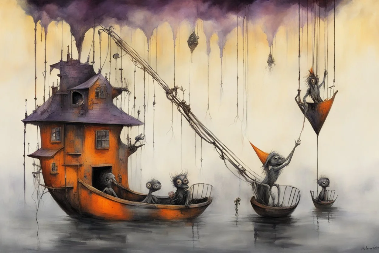 my hands swinging down like hooks to pull dreams up out of their cage, scrape the guts out of some dream, I was the dream dredger straining the water out leaving sweet dark playthings, surrealist art, warm colors, by Stephen Gammell, by Alexander Jansson, volumetric lighting, smooth beautiful, orange-black-violet color scheme.