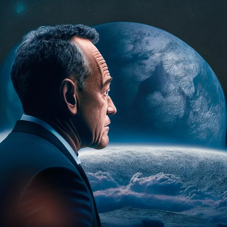 Tom hanks looking at a celestial dark planet