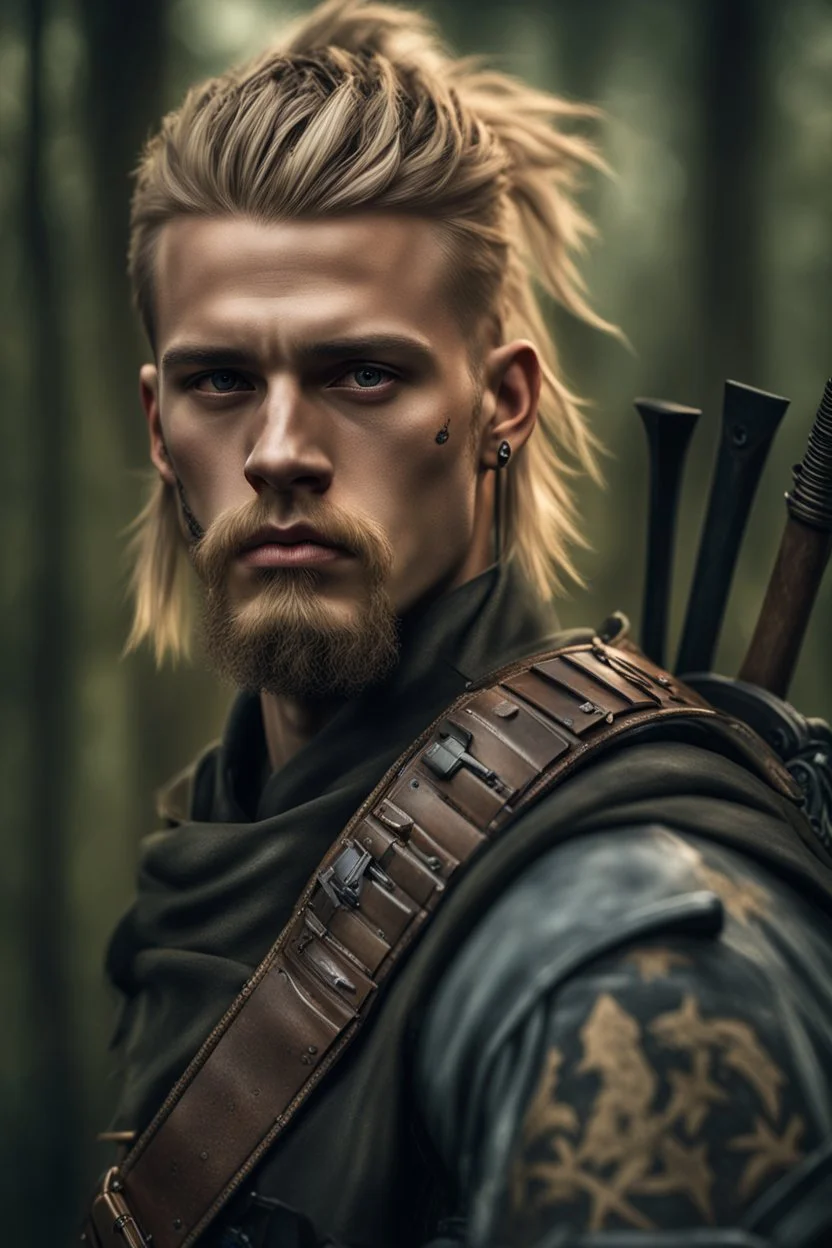 photorealistic hyperdetailed portait of 20-year-old german male, as mercenary with long blonde undercut hair, tribal tattoos and neatly trimmed beard wearing modern mercenary uniform dark fantasy forest backdrop