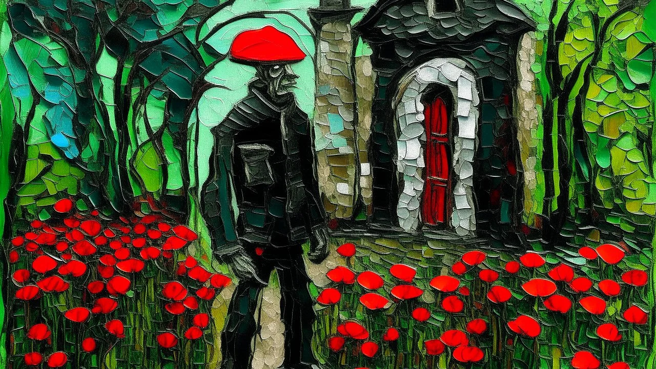 Impasto style.intaglio printing, A giant flower wrapped around his body, blooming vivid red poppies from his eyes, mouth, and ears. He felt as if he were dreaming and walked along the path toward the town. His clothing was a deep black. Above his head, a flock of black birds gathered. Ahead of him, the town and a church came into view. The dawn sky was tinged with pink, a golden crescent moon hanging in the deep navy expanse