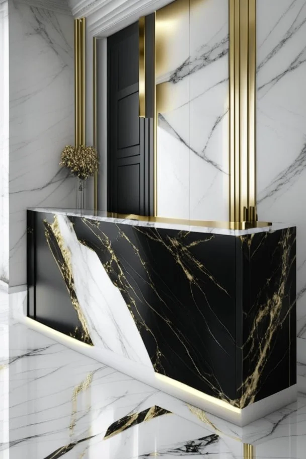 Black marble reception desk with white marble wall veined with gold