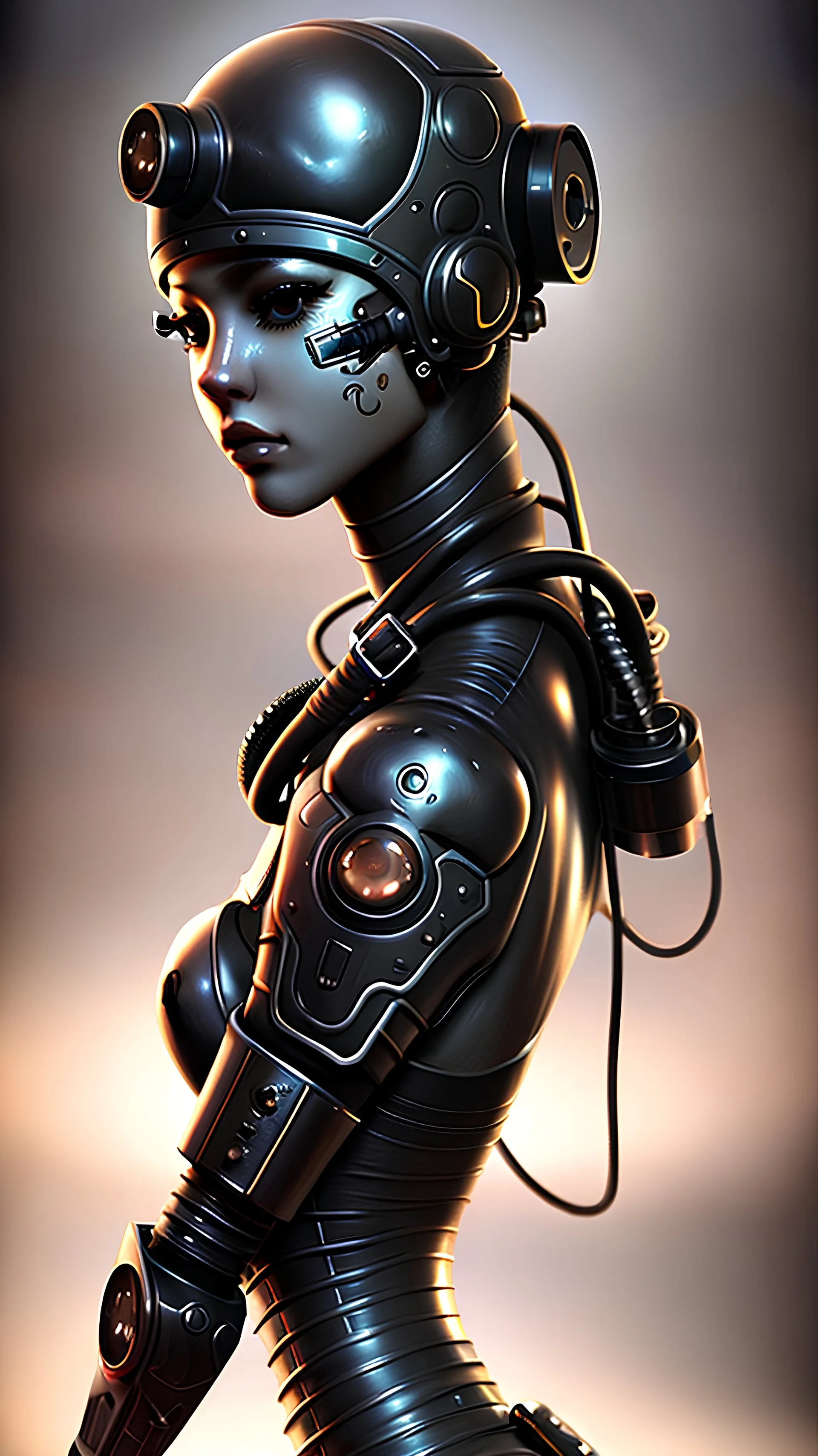 highly detailed beautiful female techpunk, extremely detailed black and steel steampunk clothing, high tech, sci-fi, realistic hair, futuristic steampunk city street, ultra realistic, 8k, vector art