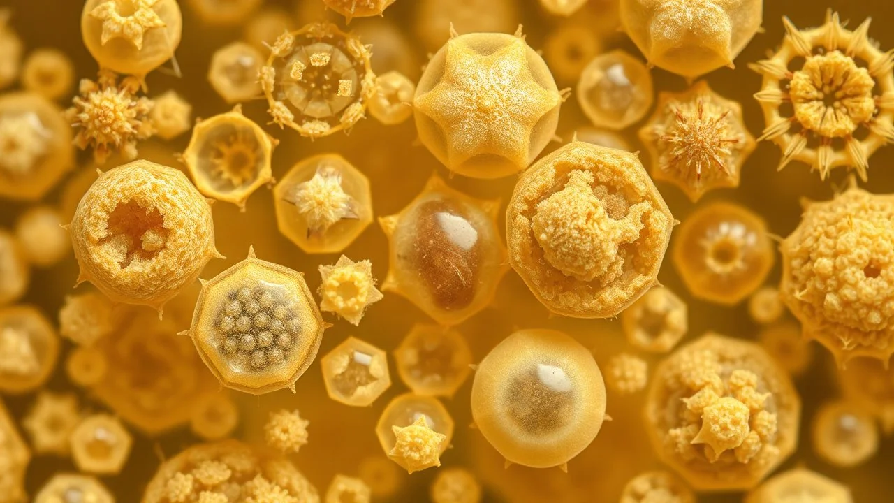 A high-resolution image of various pollen grains from different plant species. The photomicrograph shows the diverse shapes, sizes, and surface textures of the pollen, each grain appearing like a tiny, alien artifact. Award-winning photograph, beautiful composition, exquisite detail and illumination