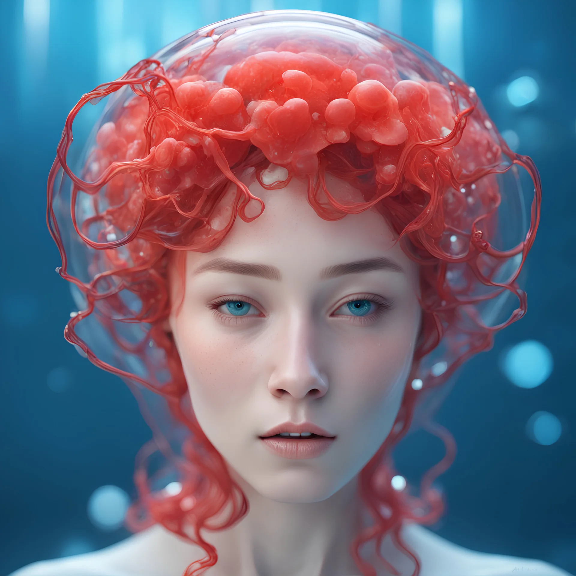 a close up of a woman with freckles on her head, by Russell Dongjun Lu, digital art, jellyfish headdress, red realistic 3 d render, glass skin, beeple and alphonse mucha, portrait of a teen robot, alexey egorov, blue realistic 3 d render, yanjun chengt, photography alexey kurylev, full body cgsociety