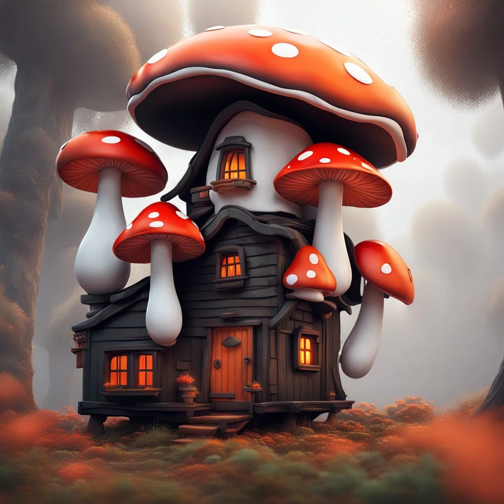 A funny floating mushroom house in space. neutral colors, black red orange, Detailed gloss Painting, rich color, fantastical, intricate detail, splash screen, hyperdetailed, insane depth, concept art, 8k resolution, trending on Artstation, Unreal Engine 5, color depth, dynamic lighting, splash art, dramatic, masterpiece, excellent quality beautiful Imaginative, unique,