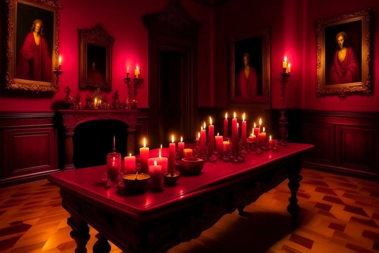 A dark reddish magenta mansion with candles painted by Gustav Klimt