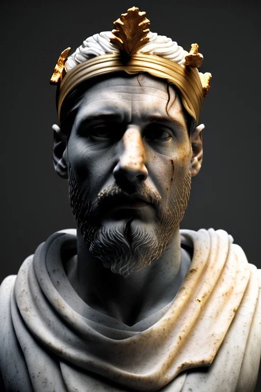 Ultra Realistic image, Roman sculpture, white marble material, Lionel Messi, gold crown of natural thorns, god crown, gold veins, gold ornaments, Renaissance style, sun rays background, waist up portrait, epic, celestial, cinematic lighting, God lights, 4k resolution, smooth details, soft lighting, unreal engine 5, art station, substance 3d.