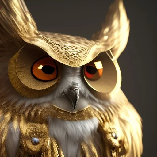 Owl,full body shining gold metal, elegant, bokeh, volumetric lighting, extreme detail, Photorealism, High detail, Hyper macro lens blur, 100mm, cinema4d, HDR, 8k, unreal engine 5