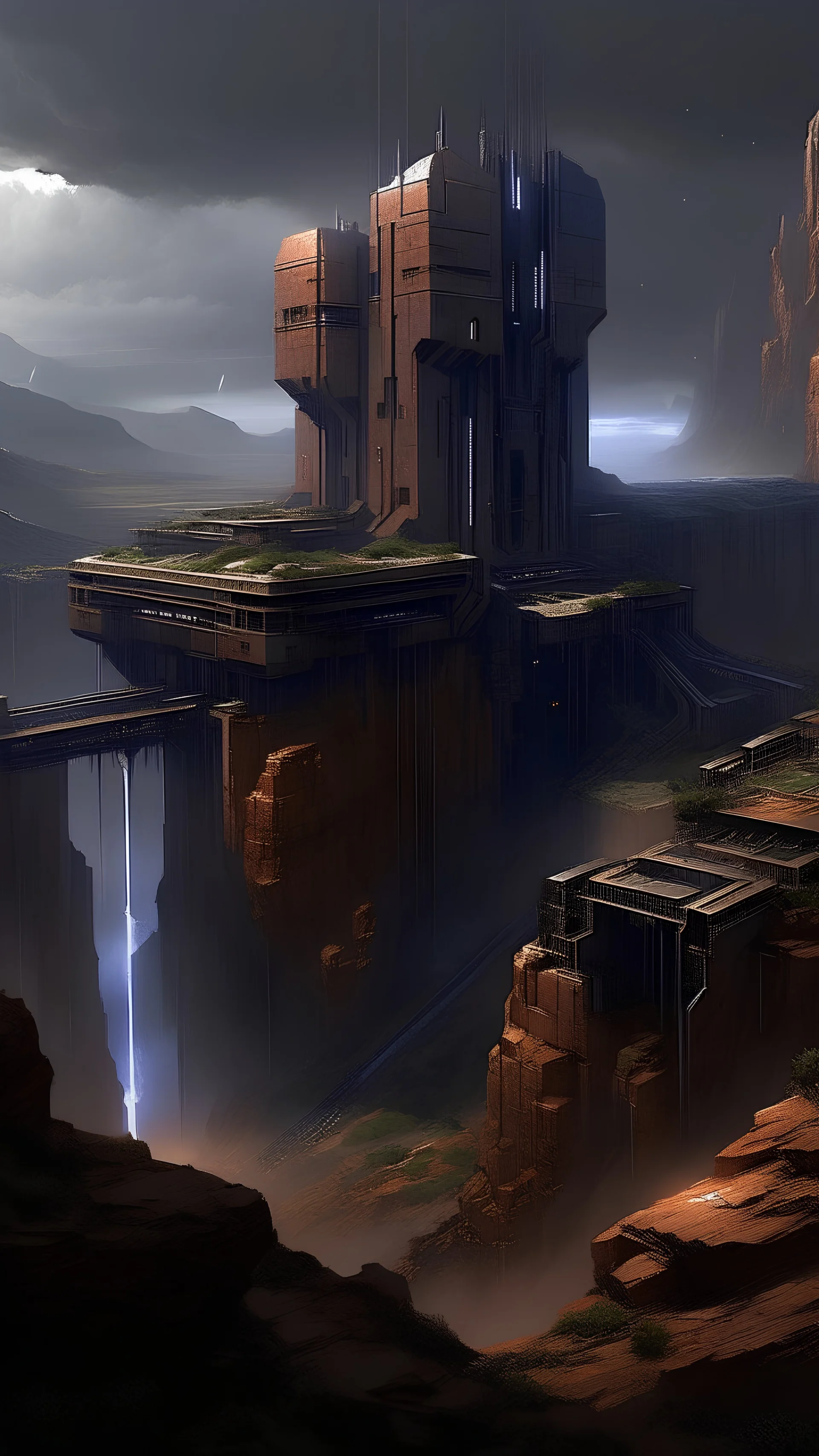 small sci fi city, star wars inspired fortress, small , canyon, rain