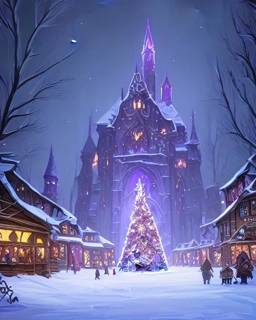 A magical snowy gothic warlock Christmas market with a large Christmas tree and a castle