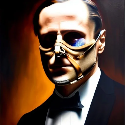 Ultra detailed fullbody Portrait in oil on canvas of Hannibal Lecter with mask,intense stare, extremely detailed digital painting, extremely detailed face,crystal clear Big Glowing eyes, mystical colors ,perfectly centered image, perfect composition, rim light, beautiful lighting, 8k, stunning scene, raytracing, anatomically correct, in the style of robert e howard and Ken Kelley and Ohrai Noriyoshi and Simon Bisley and tomzj1