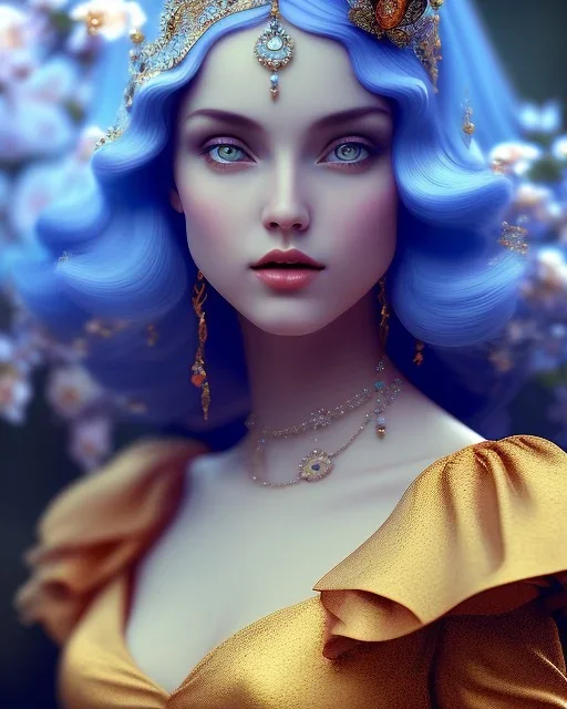 alice wonderland, blue dress, young woman, starry eyes, sinematic depth of field, alfons mucha, clay model, art blender,