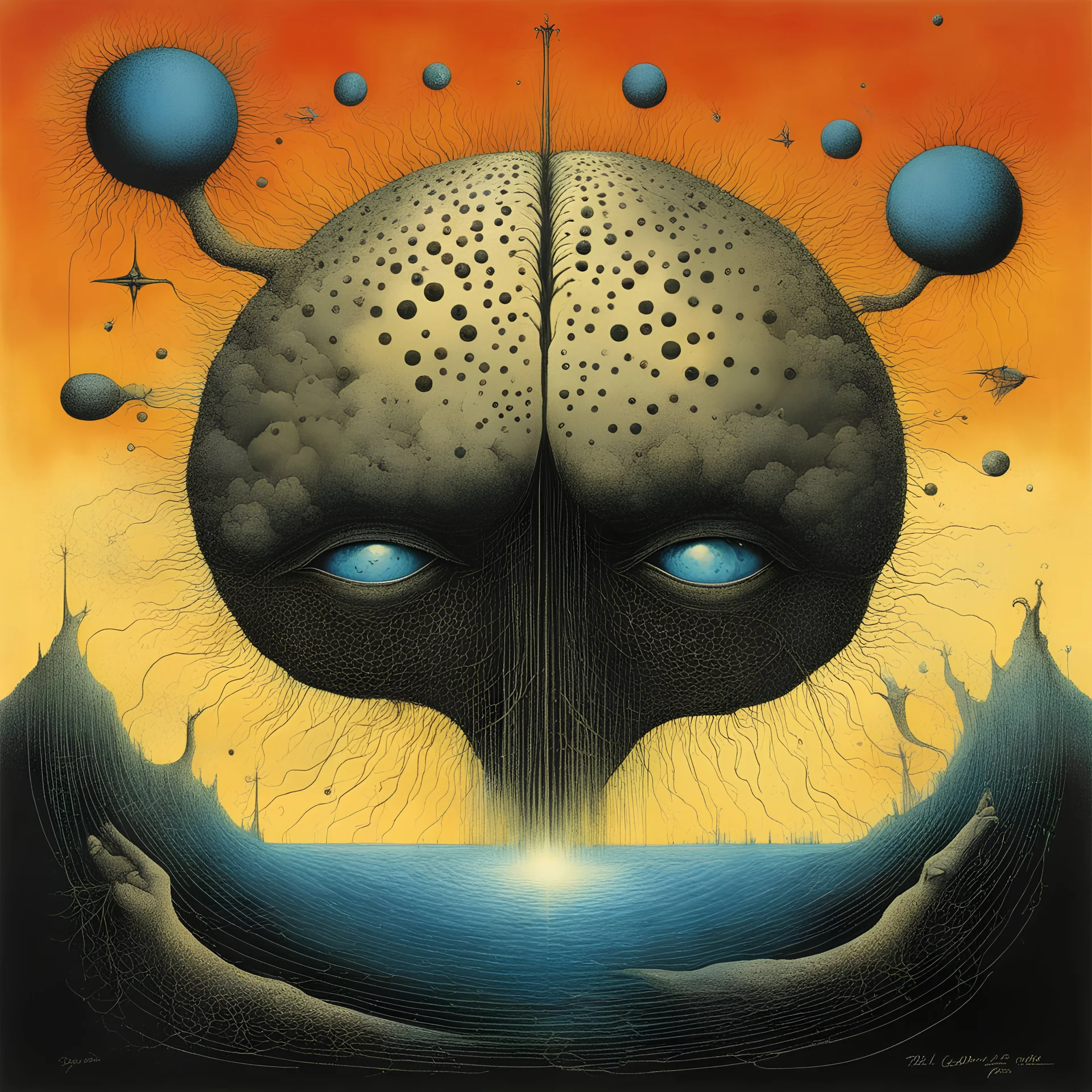 Learning to damage brains, Braille art texture, abstract surrealism, by Helen Cottle and Gerald Scarfe and Zdzislaw Beksinski, silkscreened mind-bending illustration; warm colors, Pink_Floyd album cover art, asymmetric, Braille language glyphs spelling crazy