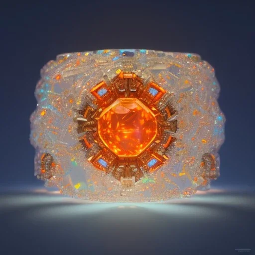 Ring made by diamonds shreds of glass, orange diamonds sparkles, red rubi fragments around, blue lights reflexes, complex structure, gold details, intricate ring shine,Unreal Engine 5, macro lens,sharp focus, photorealistic, hyper detailed, studio lighting, neon light ambient, cinematic lighting trending of by artstation