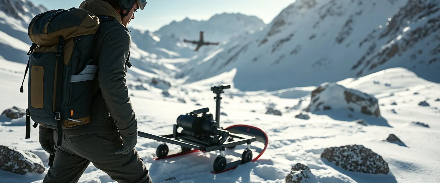 “Ultra-realistic outdoor adventure scene in snowy mountains. A rugged human adventurer carries a multifunctional backpack cam rig on a sled. The rig is integrated into the backpack with a telescopic camera mast, foldable sled/runners for low-angle shots, and small stabilizing wheels. Subtle LED lights on the rig glow softly. The backpack looks natural, weatherproof, and lightweight. Snow, rocks, and sunlight create natural shadows. The camera rig is unobtrusive, blending with the environment
