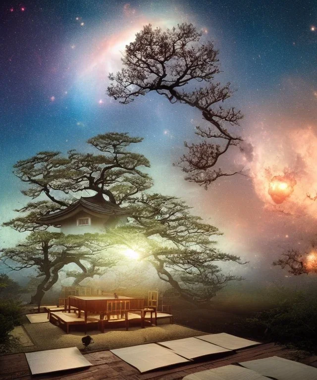 Japanese tea house in outer space with a nebula and otherworldly trees