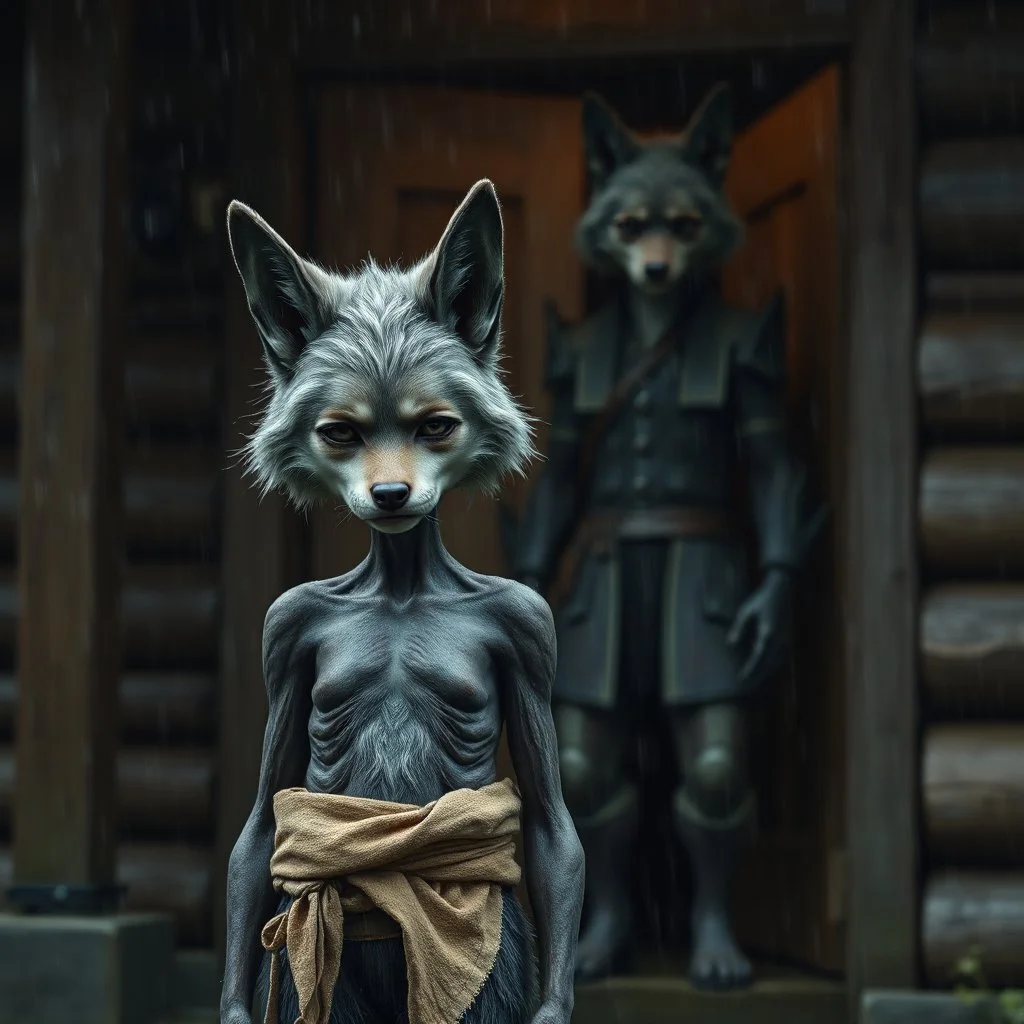 a short, thin very sad young anthropomorphic wolf female in gray hairbody and wears a little with cloth around the waist stands in front of the camera in rain, a larger anthropomorphic wolf man stands behind the door in a wooden house, dark colors, sharp focus, rainy day, high contrast, high detail, atmospheric, dark fantasy, sci-fi