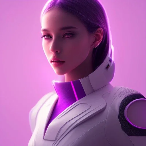 Cute girl, Sci-fi character, white suit, purple backlight, pink and purple, scifi suit, profile, purple background, pink lighting, futuristic