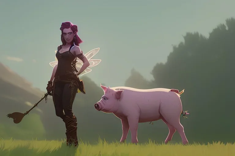 a female fairy flying, sparkly, a pig in the mud, on a farm