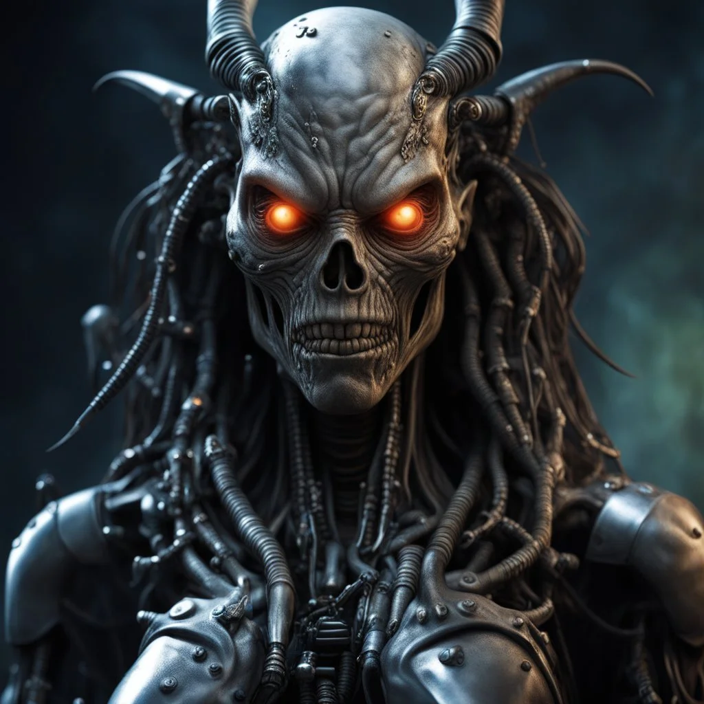 a portrait of a witch creature figure photorealistic. lots of greebling; little hoses, lights, and weapon systems. terminator, meets predator, meets alien, meets the matrix