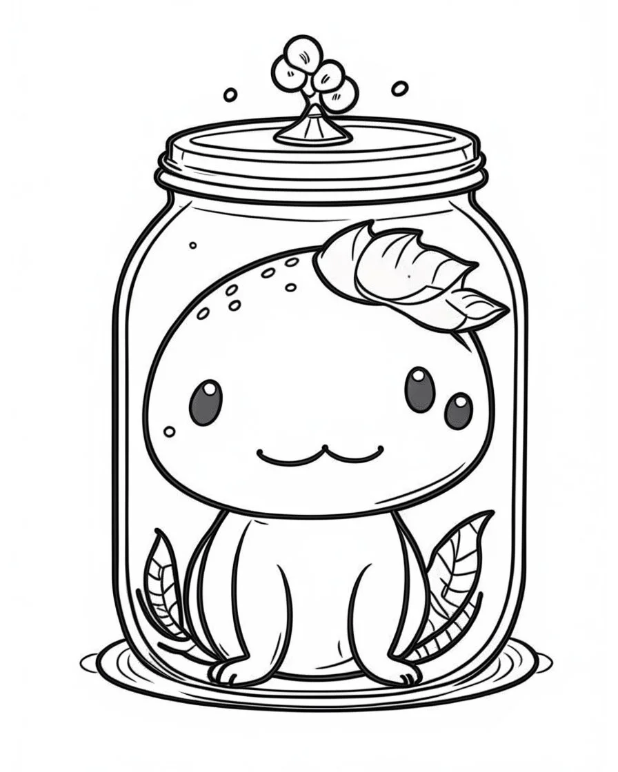 kawaii axolotl in jar minimalistic, line art, background, vector, svg, coloring book page style, black outline on white background