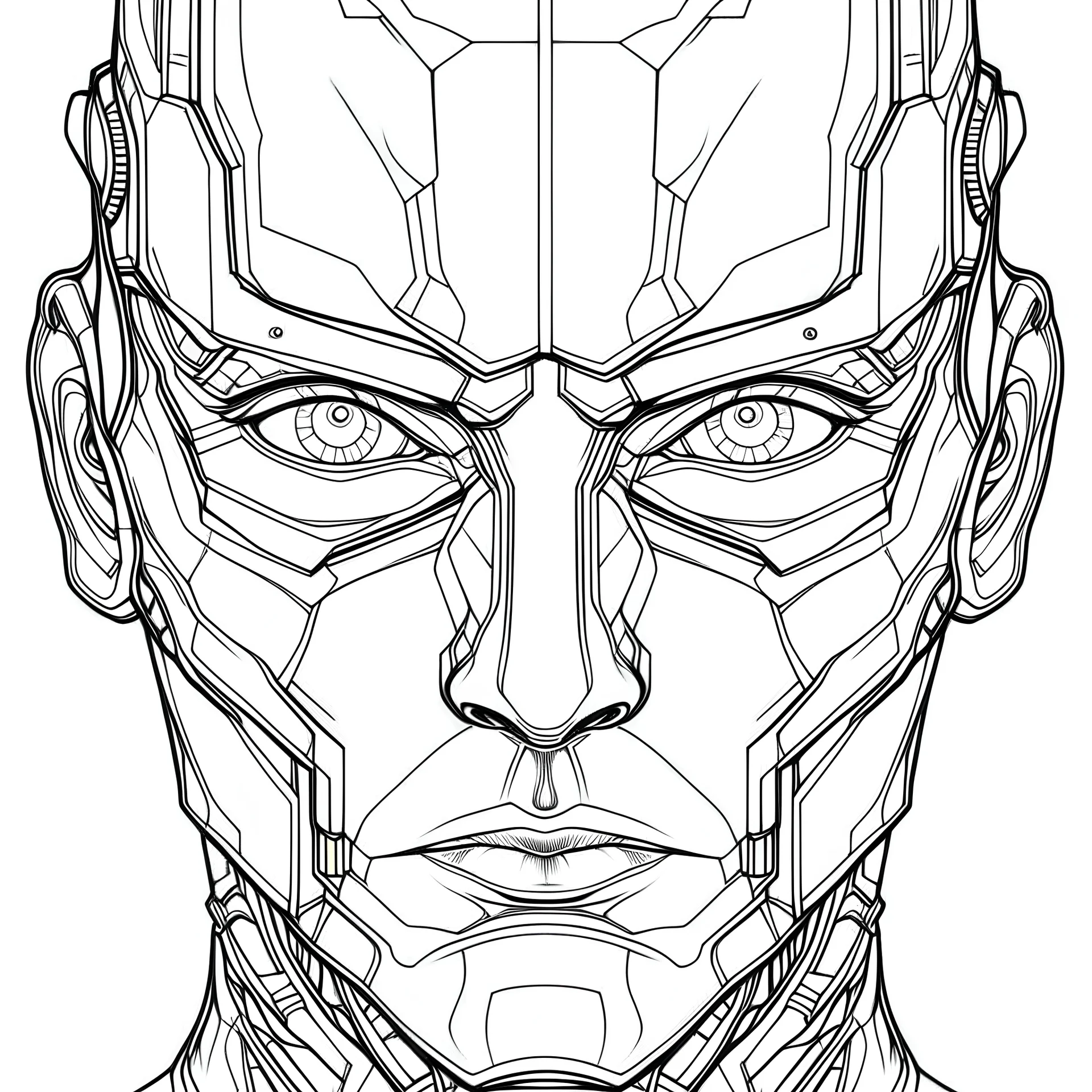 outline art for square half face cyborg coloring page for kids, classic manga style, anime style, realistic modern cartoon style, white background, sketch style, only use outline, clean line art, no shadows, clear and well outlined