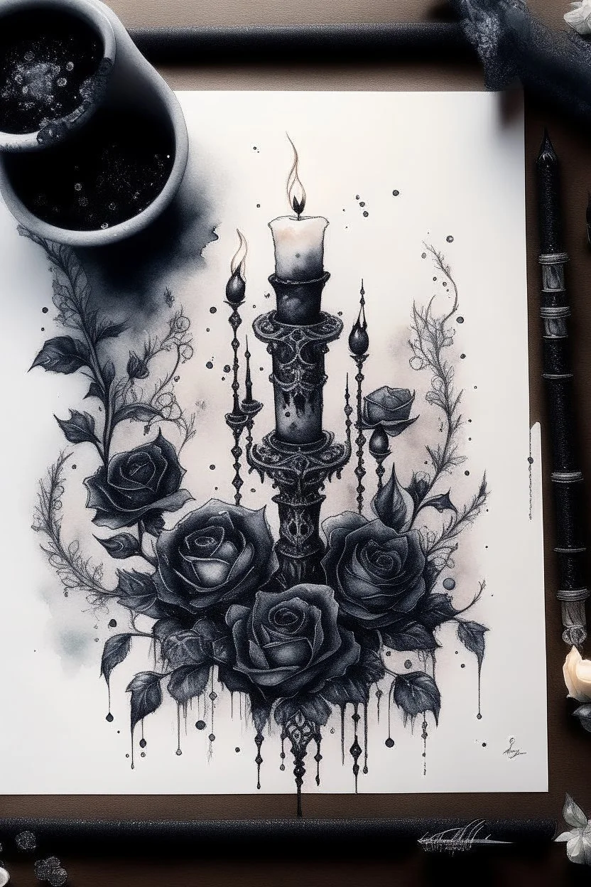 watercolor drawing with Gothic black candles, black lace, pearls, black roses on a white background, trending on Artstation ::{creative commons}:: Illustration :: Color correction:: Filmic, Nikon D750, Brenizer Method, Perspective, Depth of Field, F/ 2.8, Lens Flare, Tonal Colors, 8K, Full-HD, ProPhoto RGB, Perfectionism, Frame Illumination, Natural Lighting, Soft Backlight