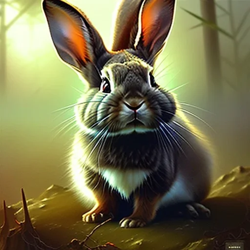 frank frazetta style, cute rabbit in the forest clearing