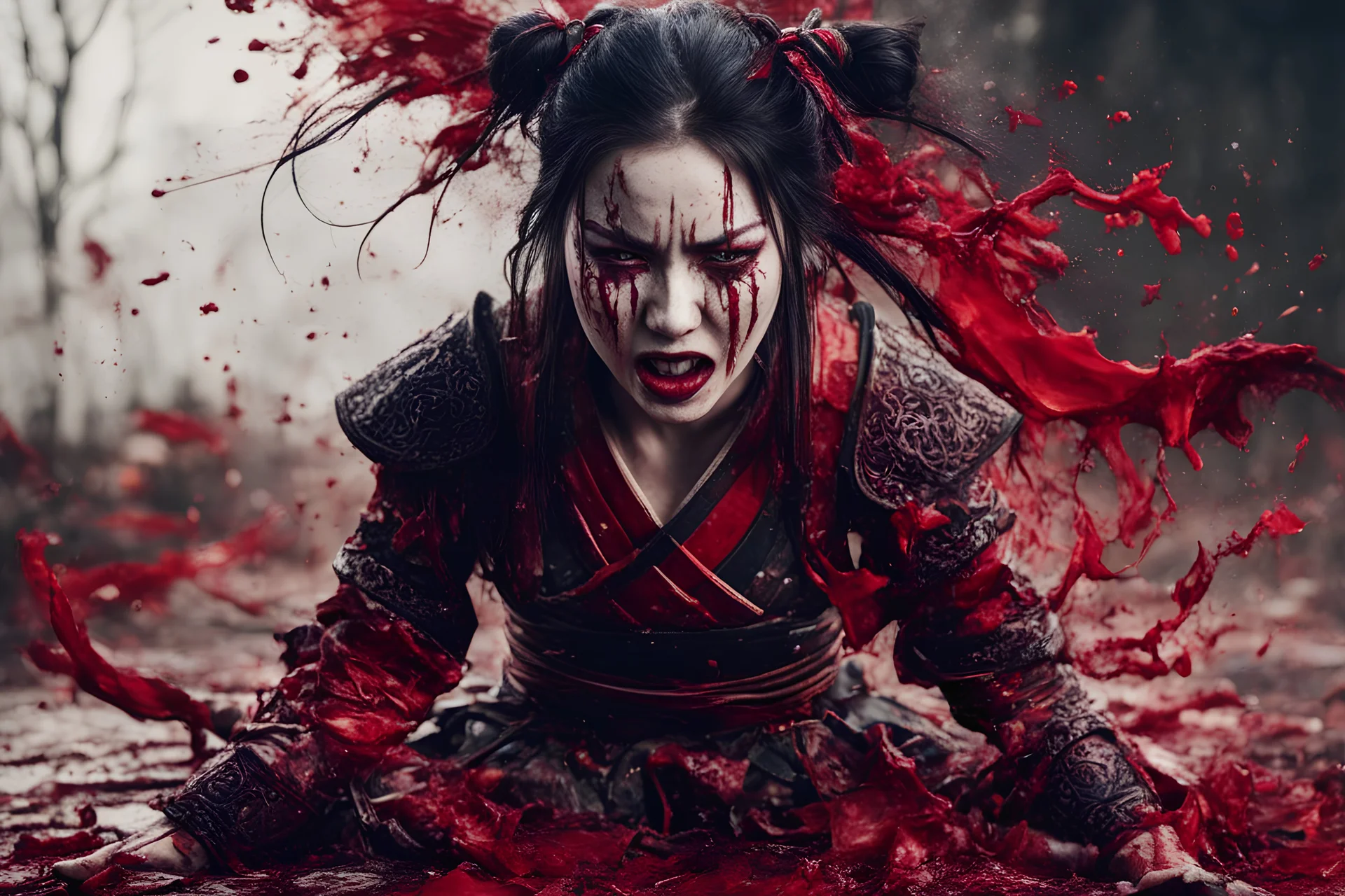 Tall girl samurai, face distorted with pain, screaming, tears streaming from eyes, siting pose, fullbody, splashes blood, behind guts rising from the ground, intricate, darkred tones, macro photography,