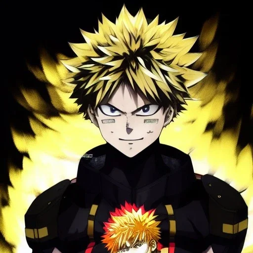 Detailed anime portrait of bakugo from my hero academia, gold hair and golden eyes, black suit, intricate details, full body portrait, keep head in frame, slight smile, black Japanese motif, concept art, highly detailed, digital painting, concept art, sharp focus, illustration, art by Yoji Shinkawa, WLOP and greg rutkowski and alphonse mucha and artgerm and yanjun Chen and Junji ito and Makoto Shinkai, HDR, octane render