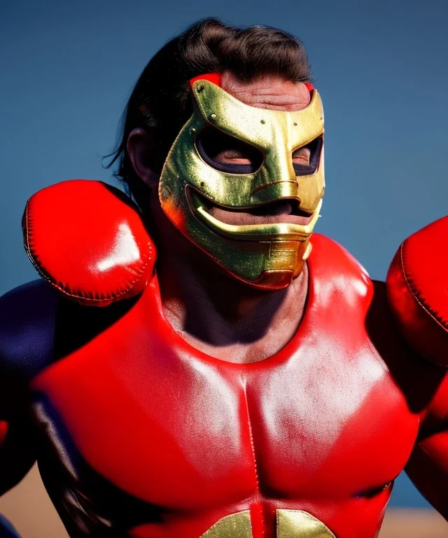 Strong Man, Mexican wrestling, Mexican mask, retro 80s style, hot ambient, photo studio, latex color dress, red, gold, vibrant color, highly detailed, art stations, concept art, smooth, unreal engine 5, god rays, ray tracing, RTX, lumen lighting, ultra detail, volumetric lighting, 3d, finely drawn, high definition, high resolution.