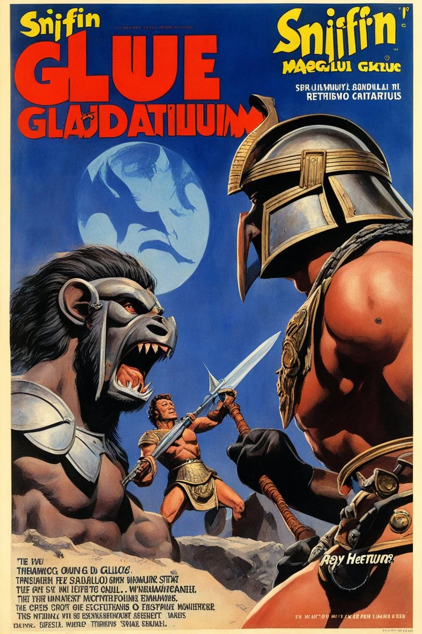 SNIFFIN'GLUE magazine cover by Ray Harryhausen for a special issue #12 (March 52 BC) on Gladiators and Gladiatrixm guest star: The Retiarius, The Murmillo, The Thraex, The Secutor, The Dimachaerus,