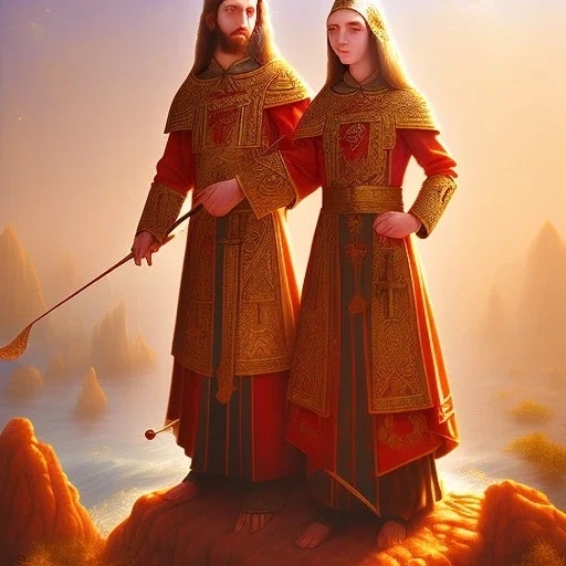 upper bodies of priest & priestess on raft, church half burried in red sand, fantasy art, sharp sunlight, spring