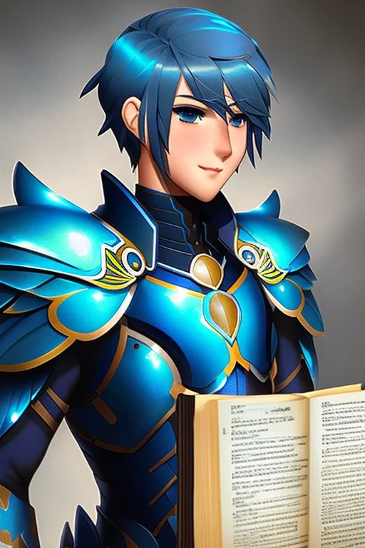 a human male with blue short hair and blue wings in an assymetrical armor with geometric patterns and a book in hand